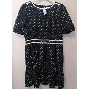 Loft Women Black White Textured Pattern Peplum Hem Short Sleeve‎ Dress Size 10P